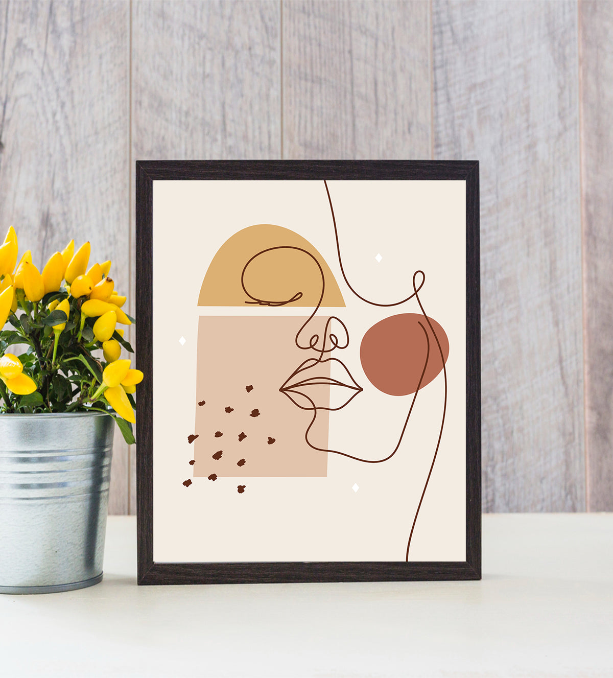 Shop 'Boho Serenity: Woman in Line Art,' a minimalist painting featuring a boho-style woman's face and soft butterfly accents. Add tranquility and elegance to your home