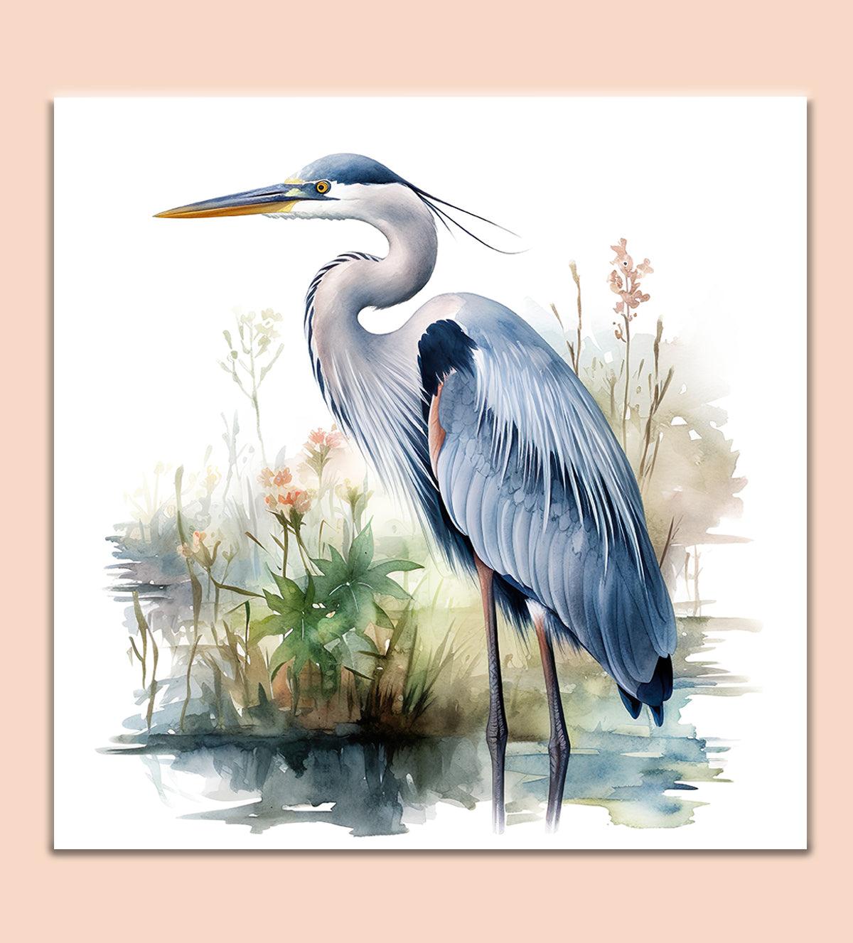 Watercolor Painting of a Heron Standing in a Swamp - Aartaa decor