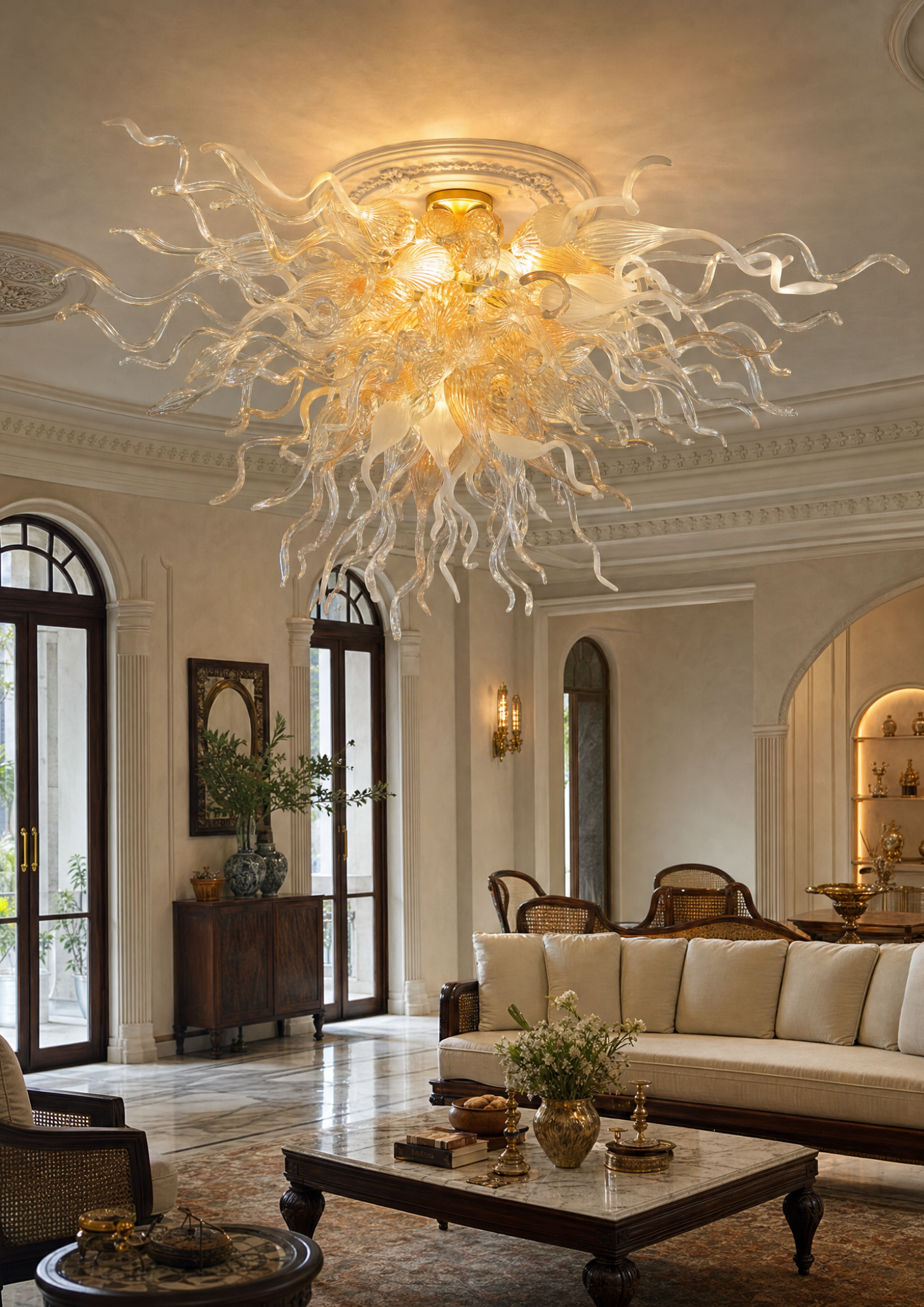 Luxurious living room with a large chandelier, sofa, and coffee table.