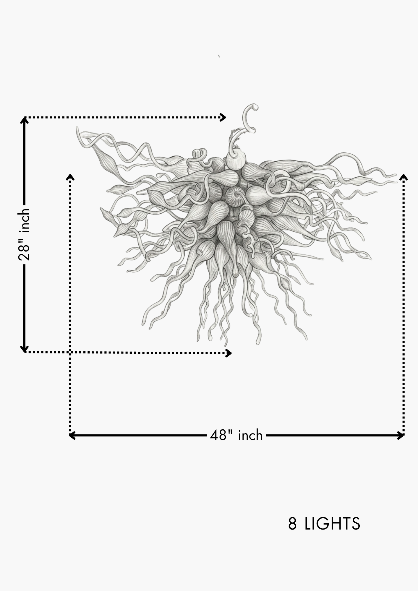 Illustration of a decorative light fixture with dimensions and number of lights indicated.
