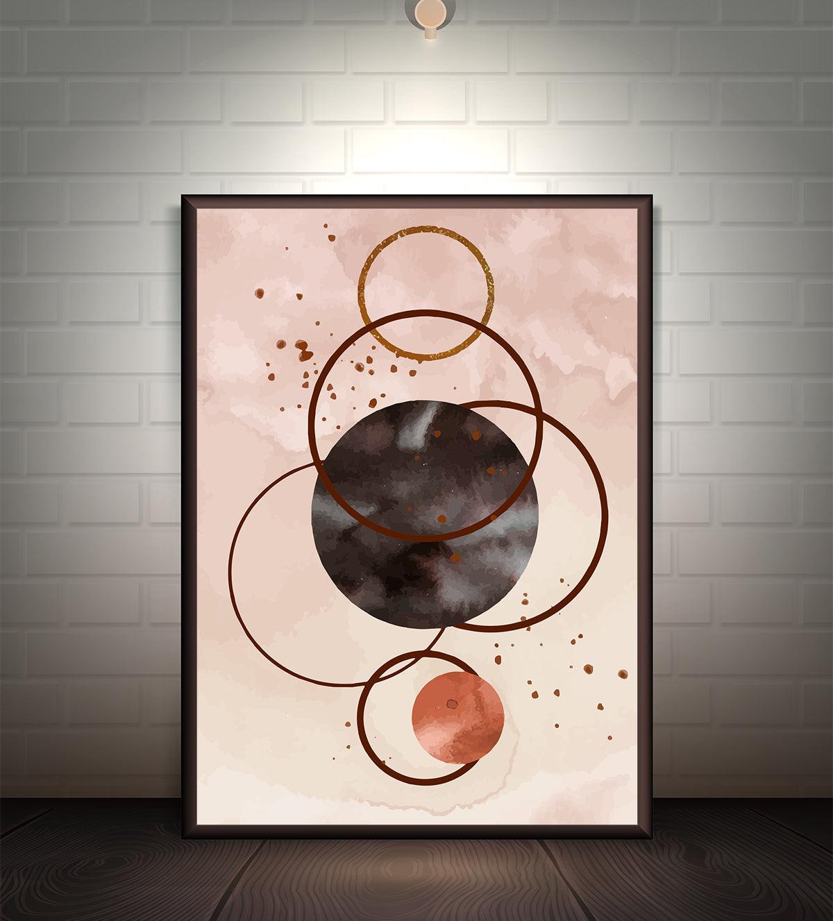 Abstract watercolor painting titled 'Celestial Harmony,' featuring dynamic circles, blush and brown tones, and gold accents, symbolizing energy and motion.