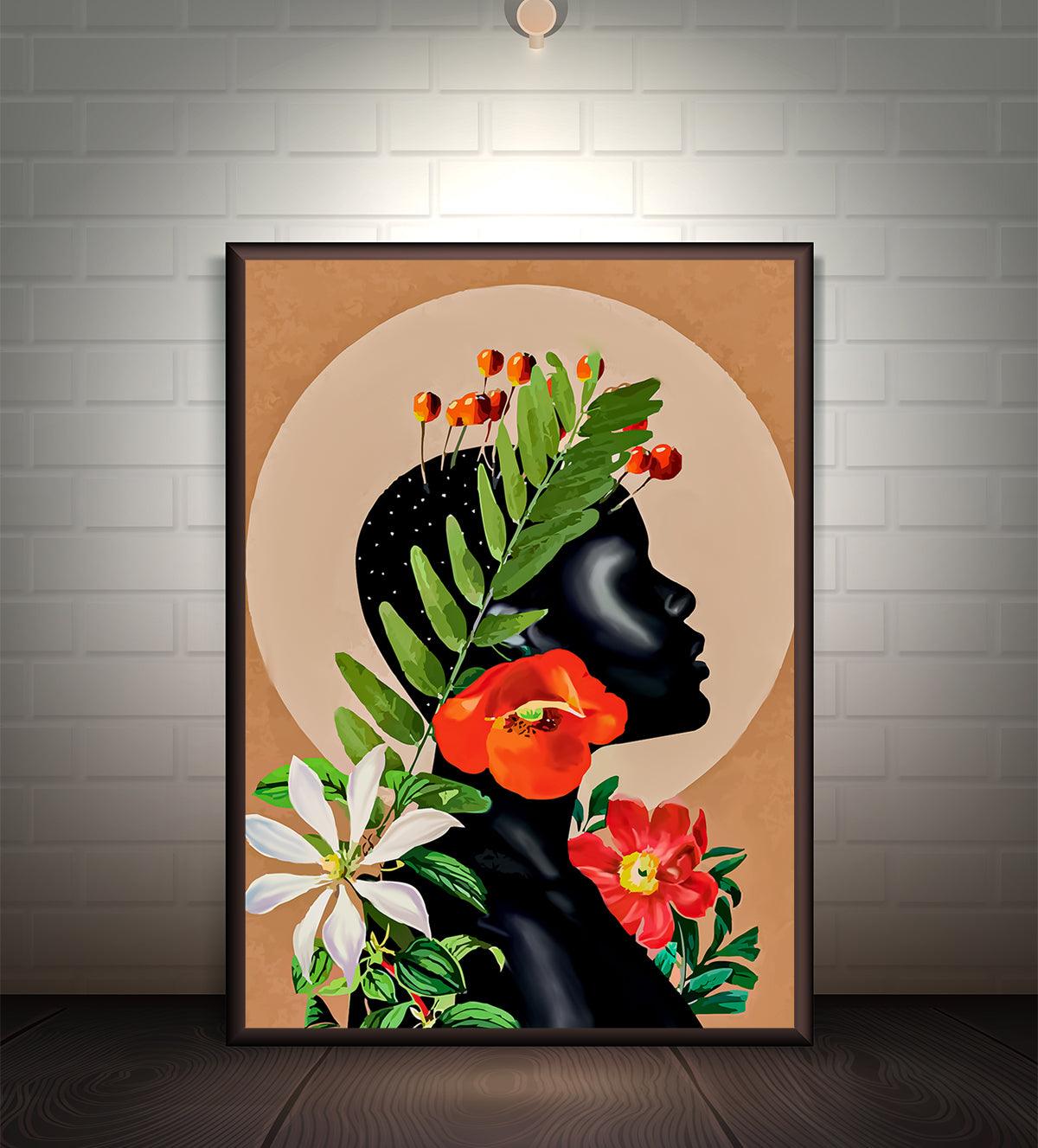 Painting of a black silhouette adorned with vibrant flowers and greenery on a soft beige background, symbolizing harmony and natural elegance. Perfect for modern interiors.