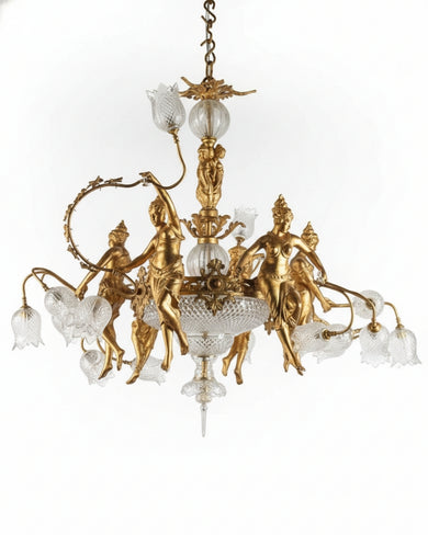 Devika Royale Brass Chandelier Gold chandelier with classical figures and glass shades on a white background