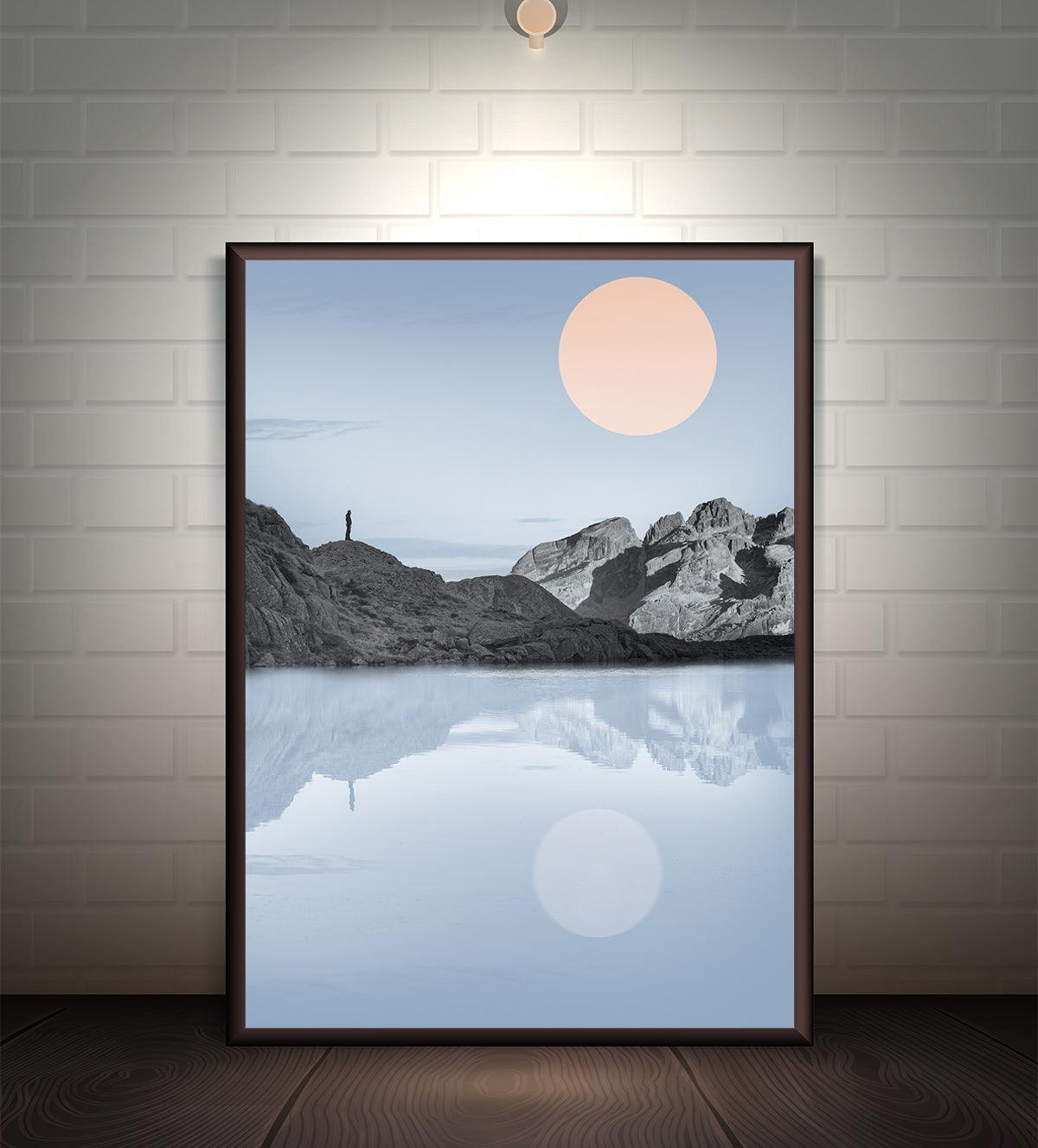 Discover 'Sunrise Serenity: Mountain Lake Reflections'. A calming landscape painting featuring a mountain lake at dawn. Perfect for adding a touch of nature's beauty to your home Aartaa decor  - Aartaa decor