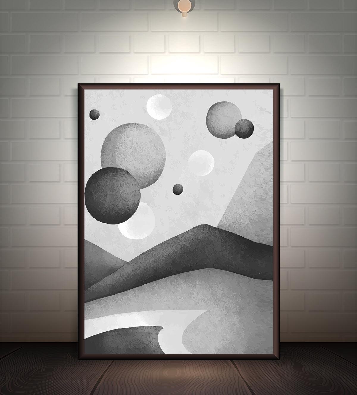 Abstract monochrome painting featuring geometric shapes and a gradient of black, grey, and white tones with soft, flowing lines, ideal for minimalist or zen decor.