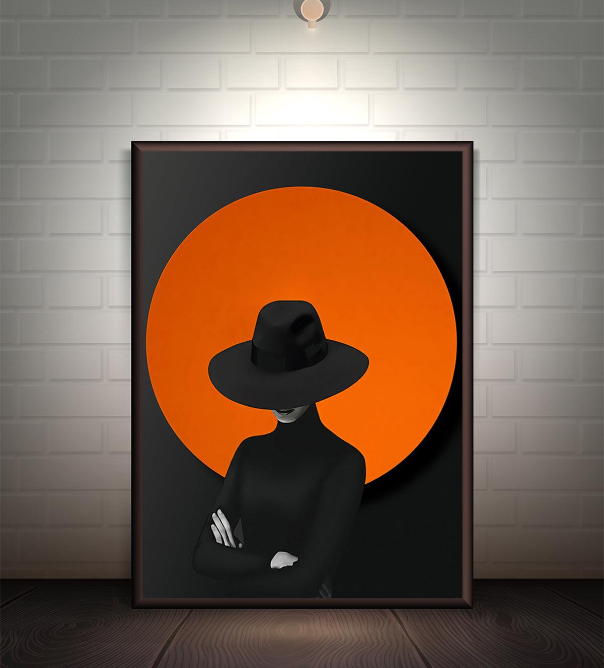 Abstract portrait of a shadowed female figure wearing a black hat, with a bold orange eclipse backdrop. Striking modern design in minimalist style for contemporary interiors.