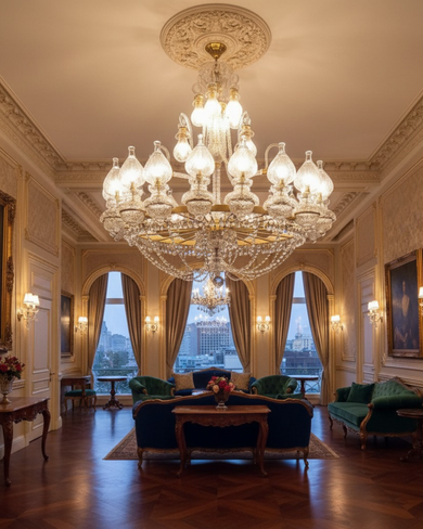 Luxury Elysian Flame Grand Crystal Chandelier illuminating an elegant dining room, handcrafted brass and crystal palace-style lighting