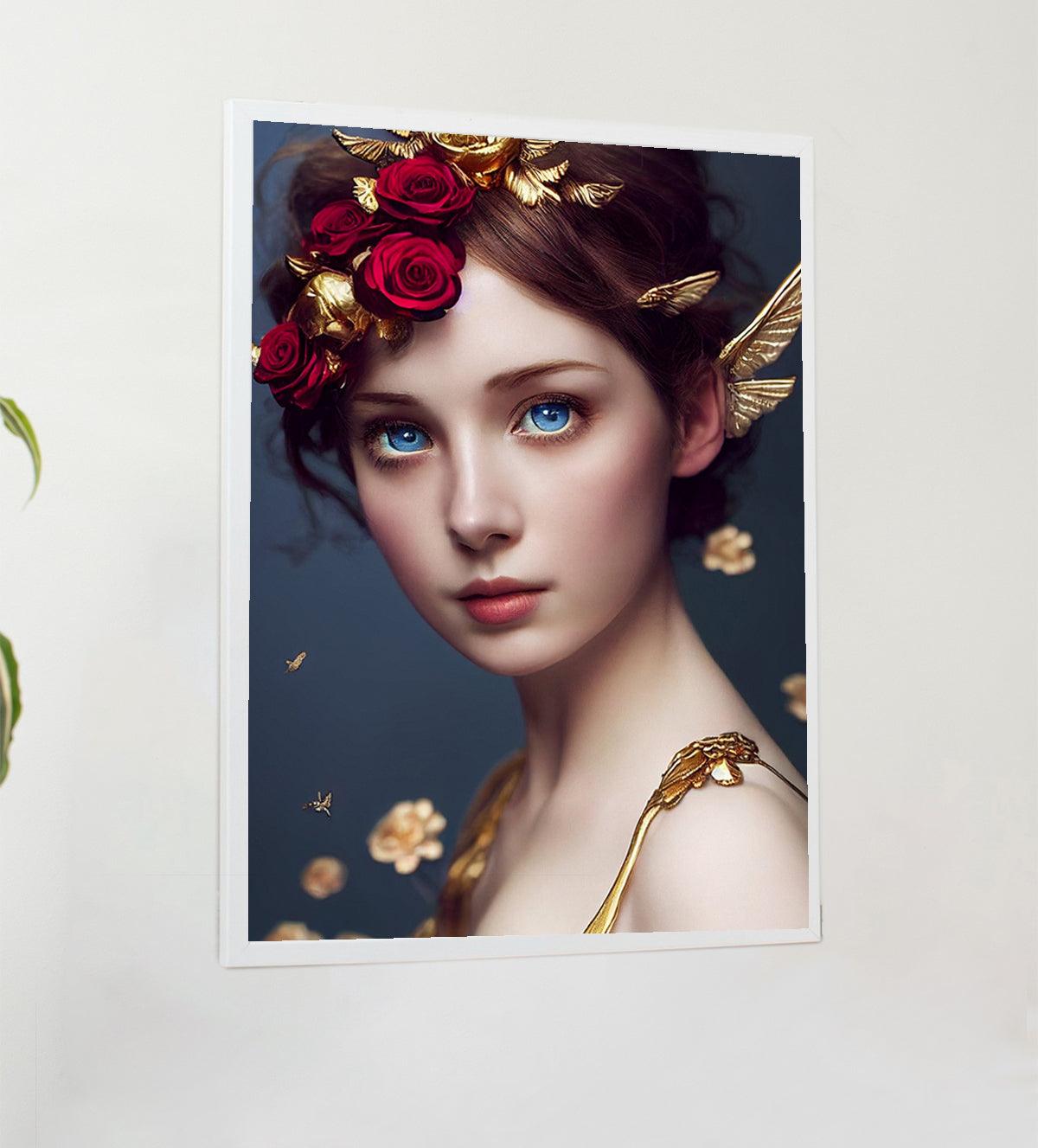 "Shop 'Enigma of the Golden Muse' - a captivating abstract portrait featuring a golden floral backdrop and striking blue eyes. Add elegance to your home with this timeless masterpiece - Aartaa decor- Aartaa decor