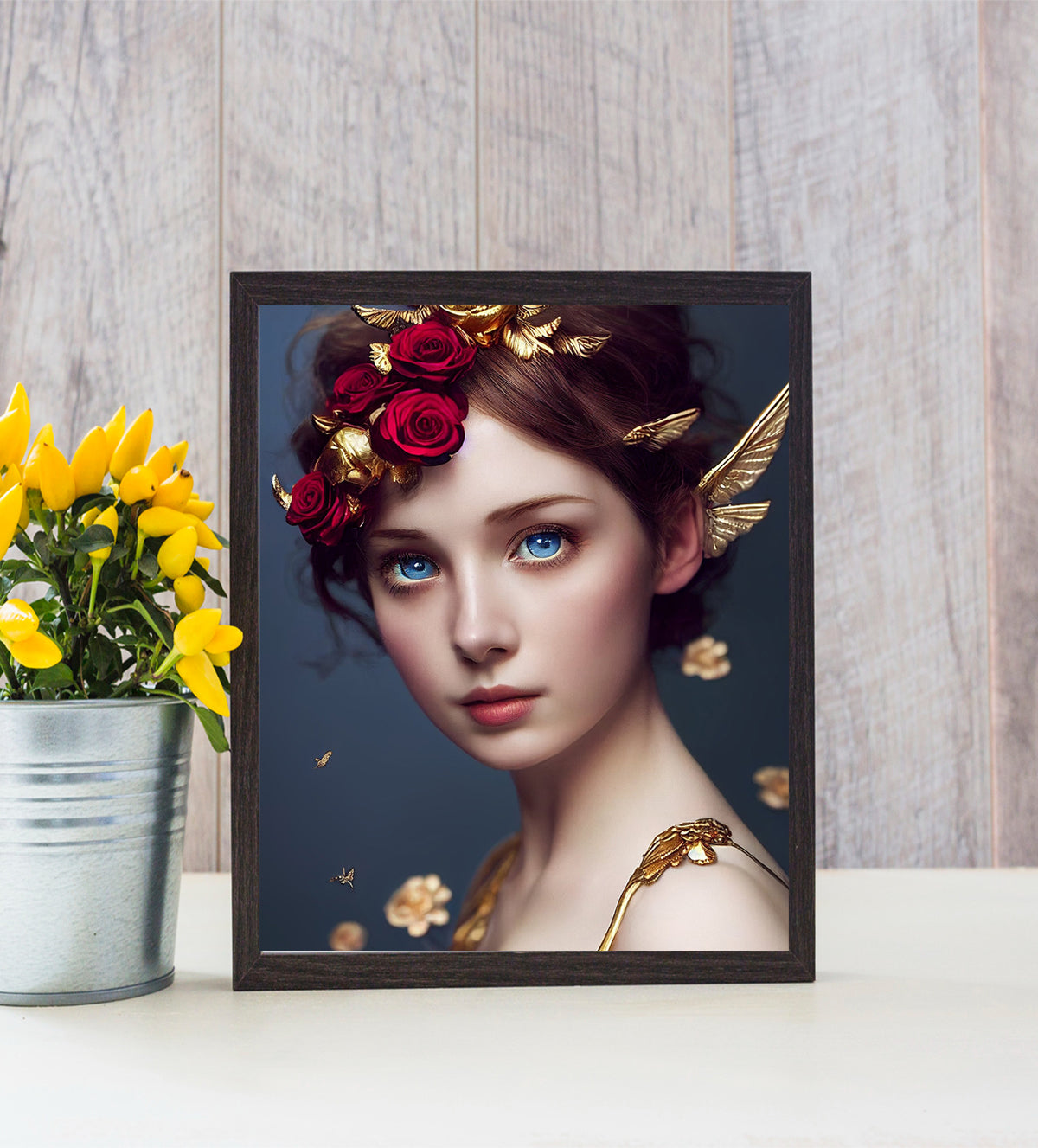 "Shop 'Enigma of the Golden Muse' - a captivating abstract portrait featuring a golden floral backdrop and striking blue eyes. Add elegance to your home with this timeless masterpiece - Aartaa decor- Aartaa decor