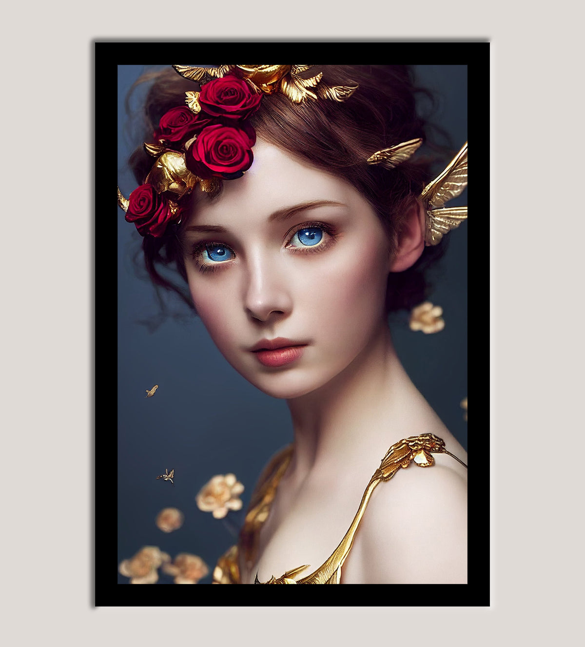 "Shop 'Enigma of the Golden Muse' - a captivating abstract portrait featuring a golden floral backdrop and striking blue eyes. Add elegance to your home with this timeless masterpiece - Aartaa decor