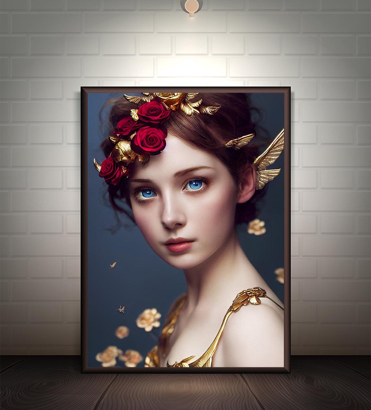 "Shop 'Enigma of the Golden Muse' - a captivating abstract portrait featuring a golden floral backdrop and striking blue eyes. Add elegance to your home with this timeless masterpiece - Aartaa decor