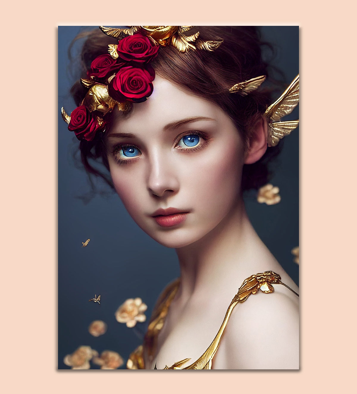 "Shop 'Enigma of the Golden Muse' - a captivating abstract portrait featuring a golden floral backdrop and striking blue eyes. Add elegance to your home with this timeless masterpiece - Aartaa decor - Aartaa decor