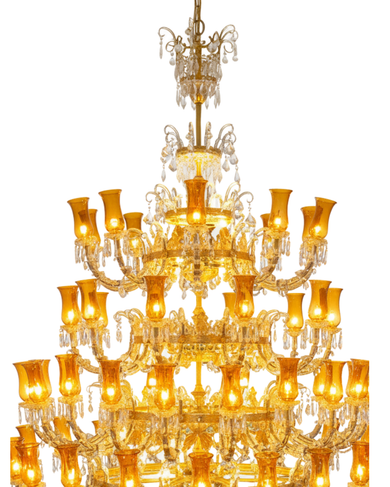Gold chandelier with multiple lights on a white background