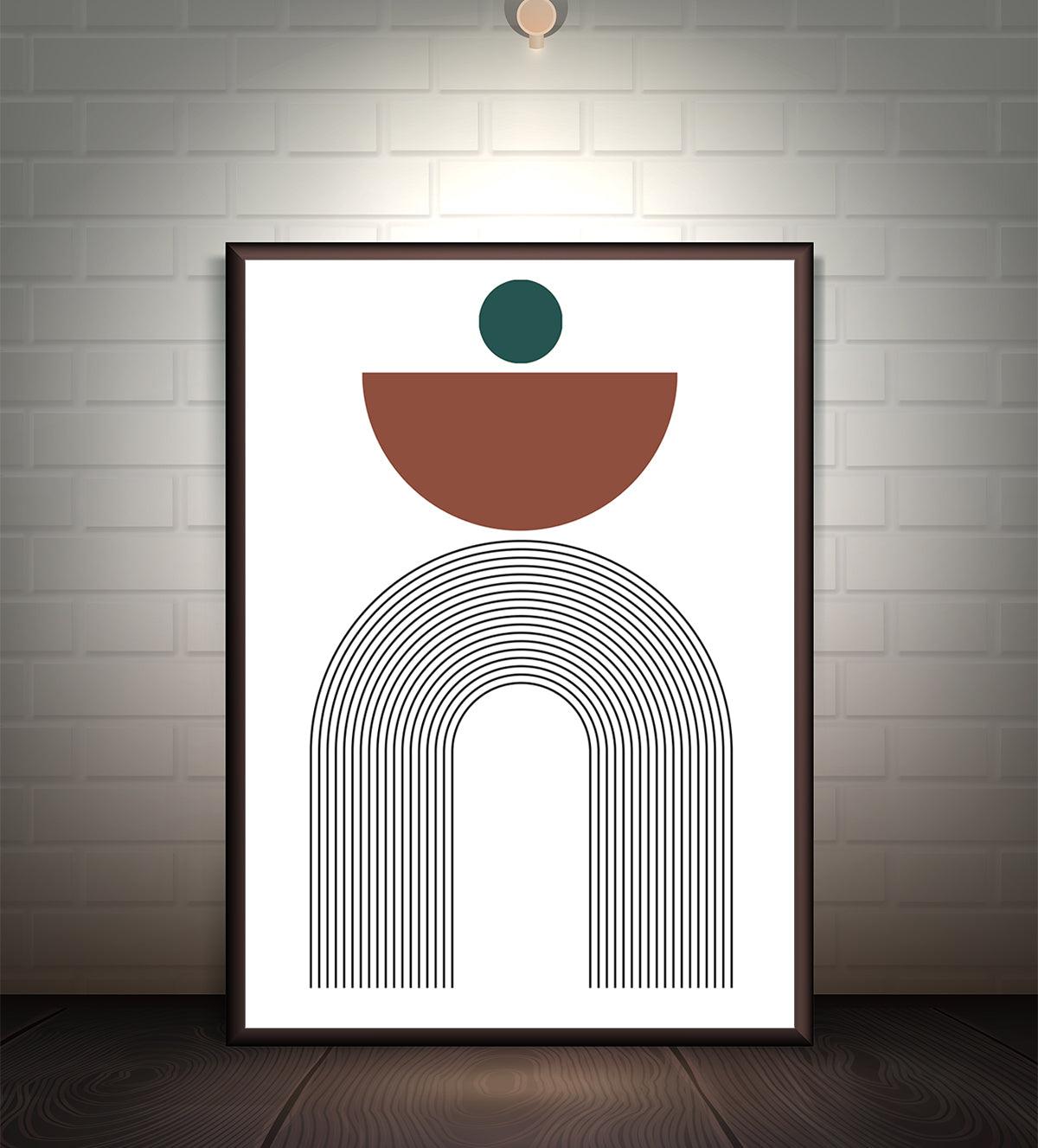 Minimalist boho wall art featuring geometric shapes in earthy tones, titled 'Ethereal Balance: Modern Boho Arch,' ideal for modern and bohemian interiors.