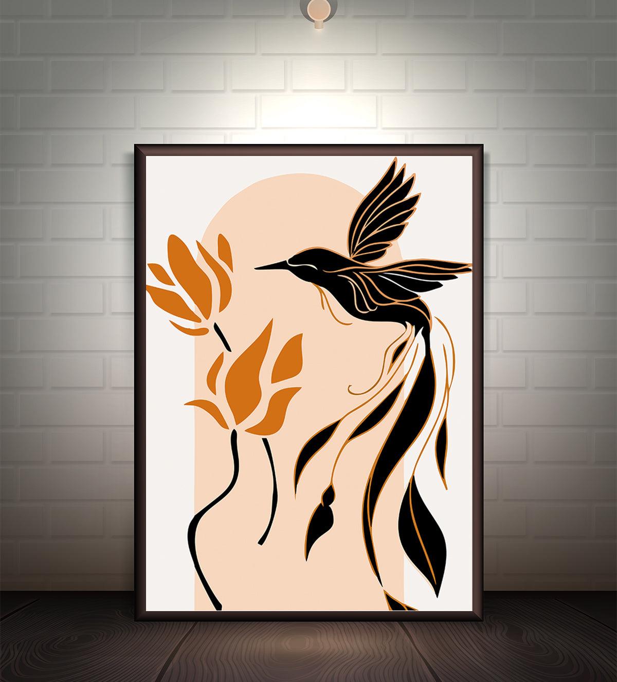 Minimalist artwork featuring a black hummingbird silhouette hovering near elegant blossoms, set against a soft, earthy-toned background. Perfect for modern and nature-inspired décor.