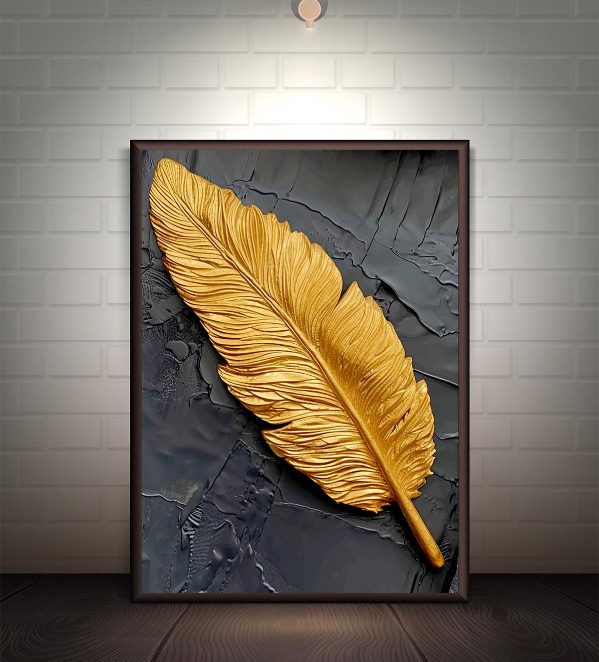 Golden feather artwork on a textured charcoal gray background, showcasing opulent design and contemporary elegance for home or office decor.