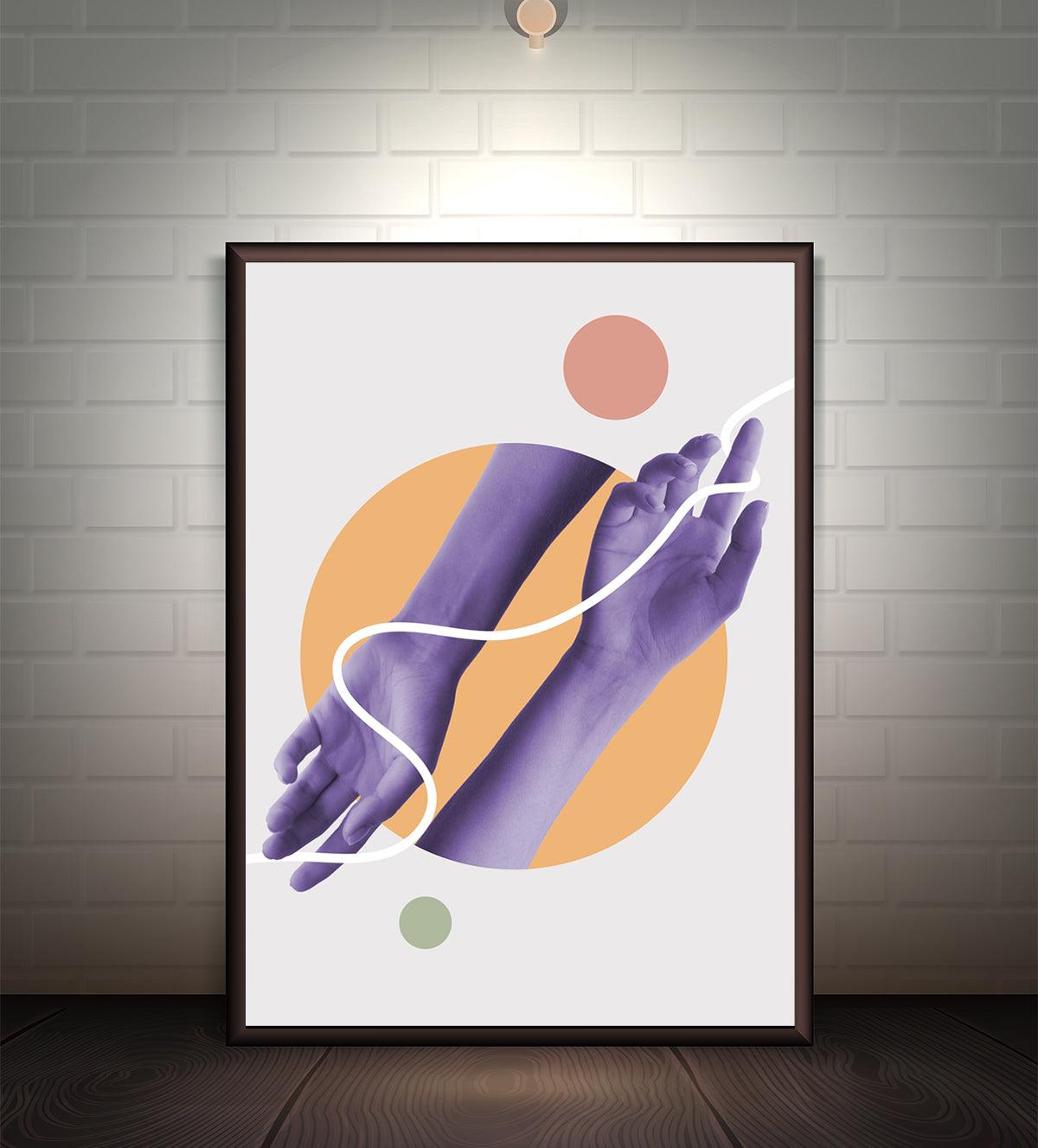 Modern abstract painting titled 'Ethereal Embrace' featuring purple hands intertwined with geometric shapes on a minimalist background.