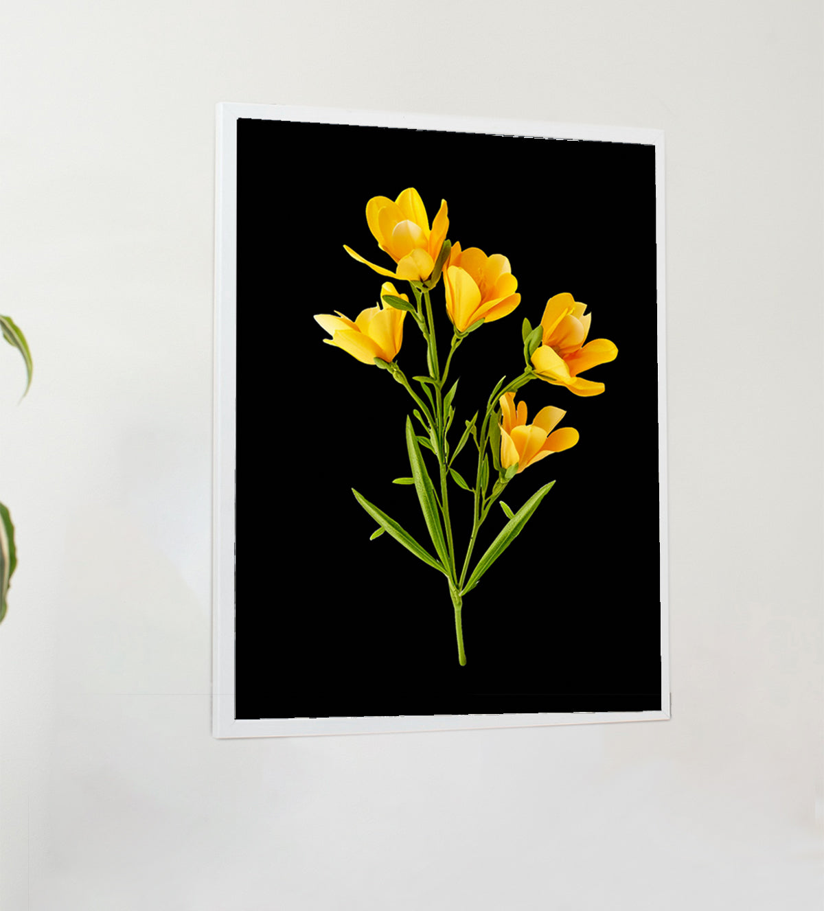 Discover the Flora Elegance Trio - Botanical Art Collection. Elevate your space with our set of three framed botanical paintings featuring eucalyptus branches, pink roses & yellow daffodils. Perfect for adding natural elegance to any room.