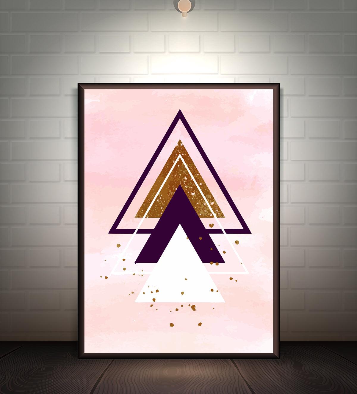 Abstract mid-century modern artwork featuring layered triangles in plum, gold, and white, set against a pastel pink background with gold speckles. Ideal for contemporary and minimalist interiors.