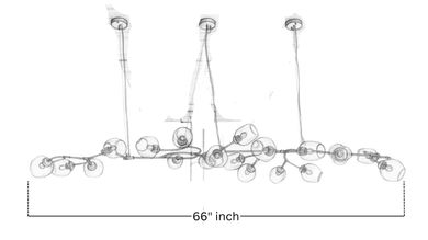 Technical sketch of Aartaa Decor Golden Blossom Branch Chandelier showing 66-inch width, organic branch design with multiple glass light shades.