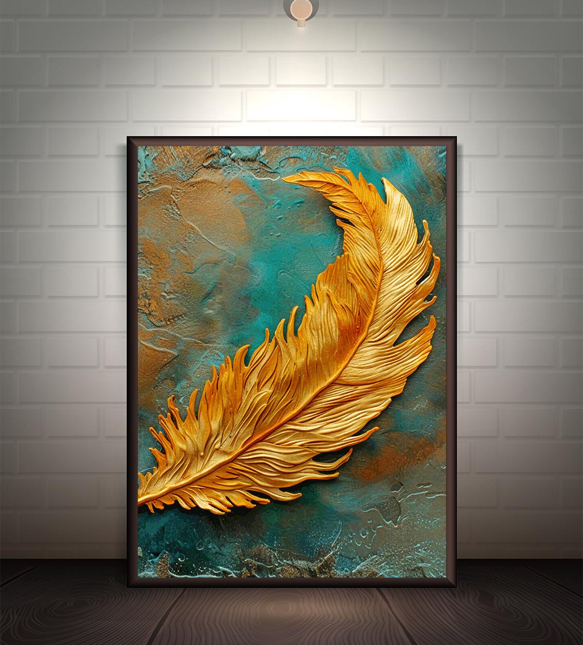 A luxurious painting featuring a golden feather on a textured turquoise background. Perfect for modern and minimalist decor, available in paper and canvas formats.