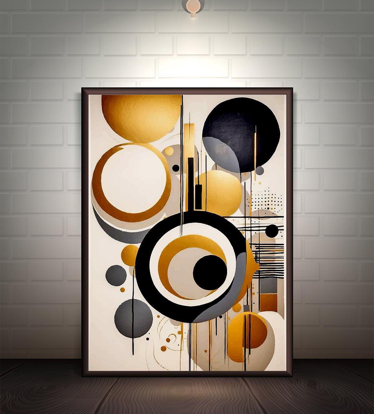 Abstract painting titled 'Golden Orbits' featuring golden circles, black accents, and ivory tones, symbolizing energy, balance, and modern sophistication.