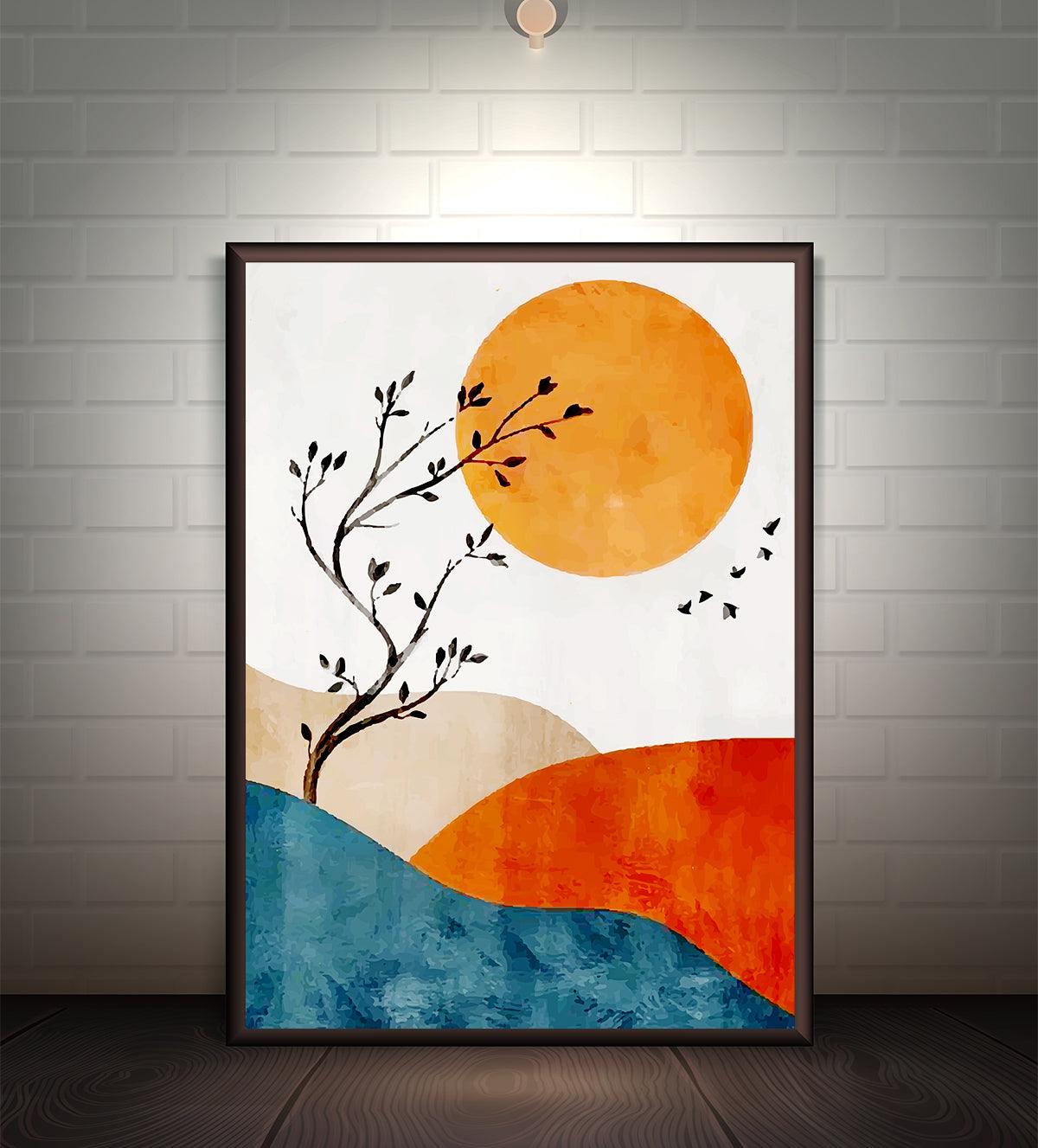 A minimalist painting of a golden sunset featuring a silhouette of a tree and birds flying against a serene backdrop of flowing blue and orange landscapes.