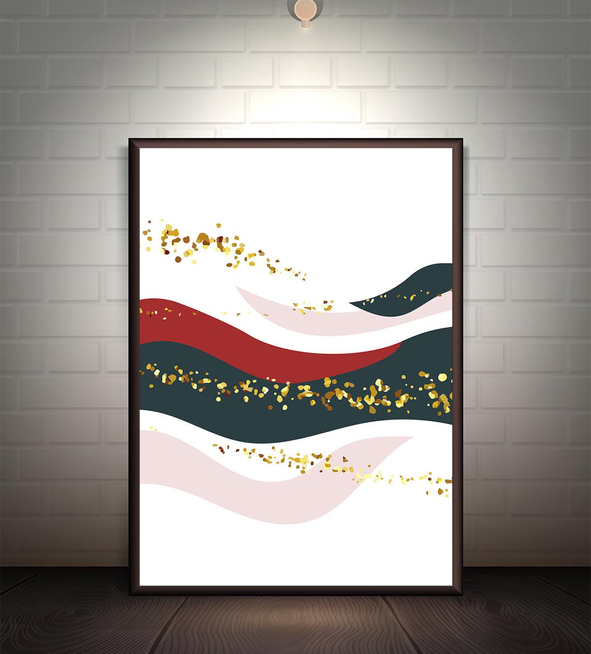 Abstract painting featuring dynamic waves of red, emerald green, and pink, accented with golden splashes on a white background, symbolizing harmony and elegance.