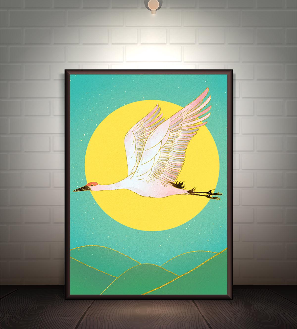 Swan in flight against a teal sky with a glowing golden sun, set above gentle hills. A serene and elegant wall art piece symbolizing peace and freedom.