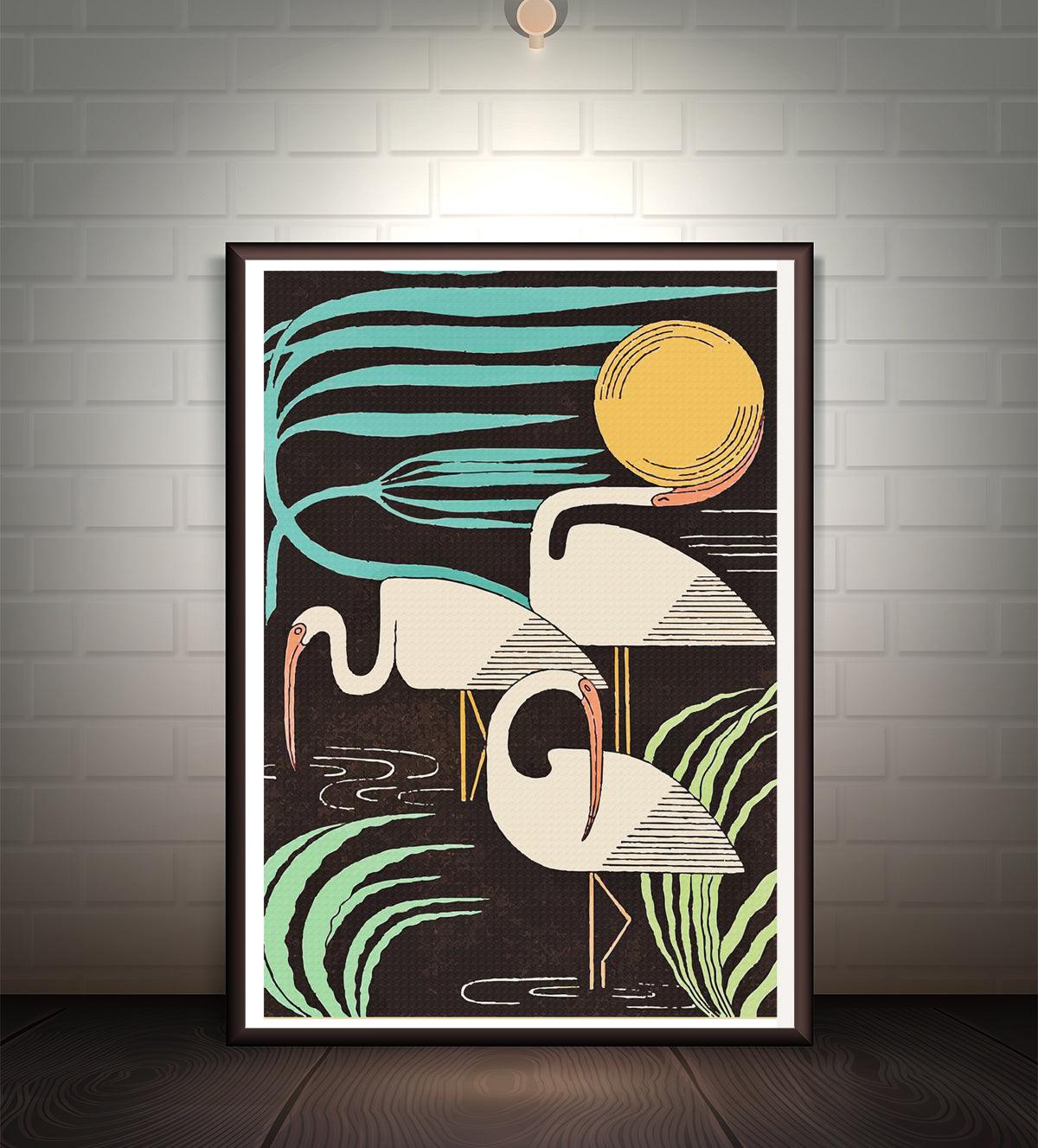 Abstract painting of flamingos wading through water with teal waves and a golden sun on a dark background. Perfect for modern and nature-inspired interiors.