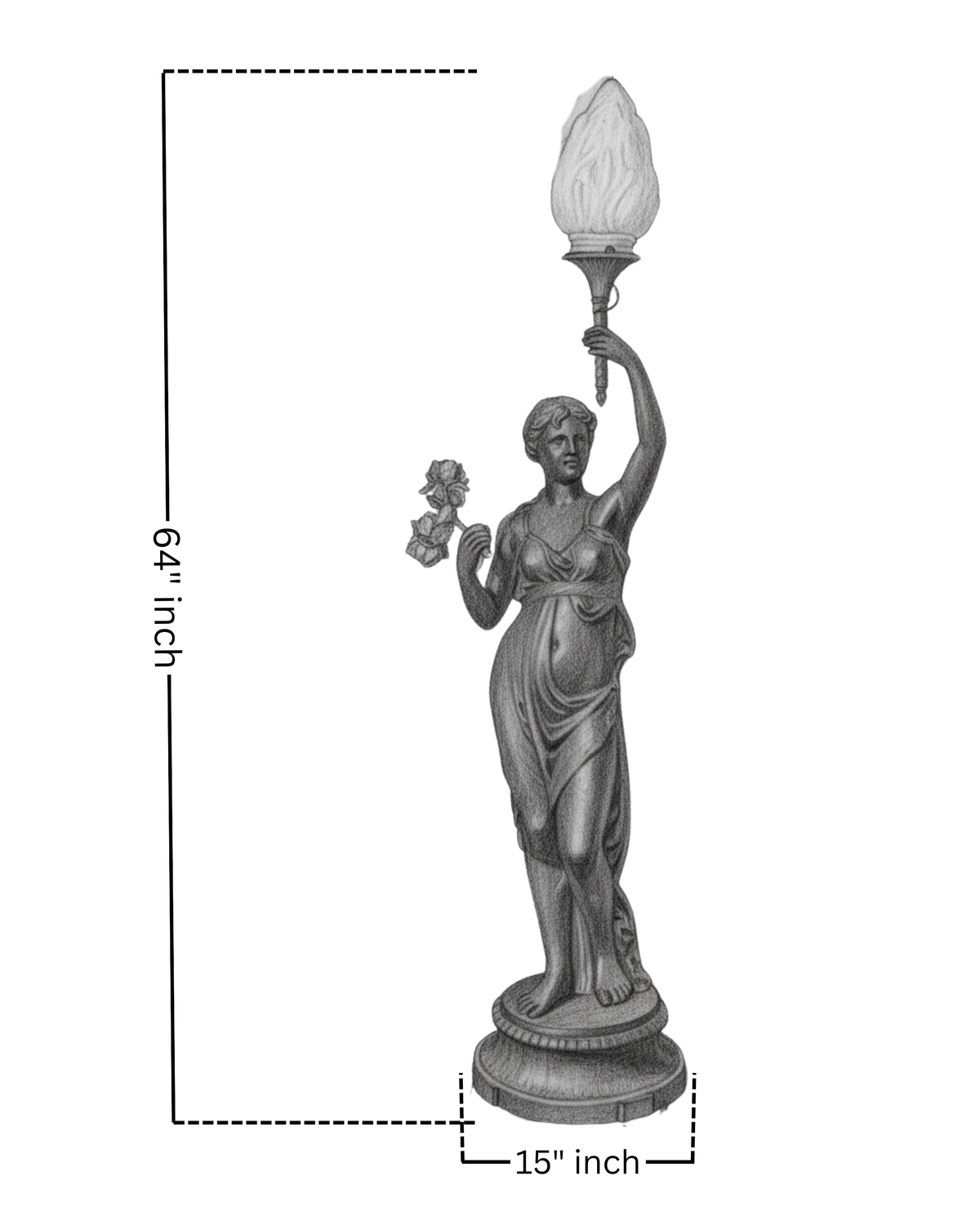 Statue of a woman holding a lamp with dimensions indicated