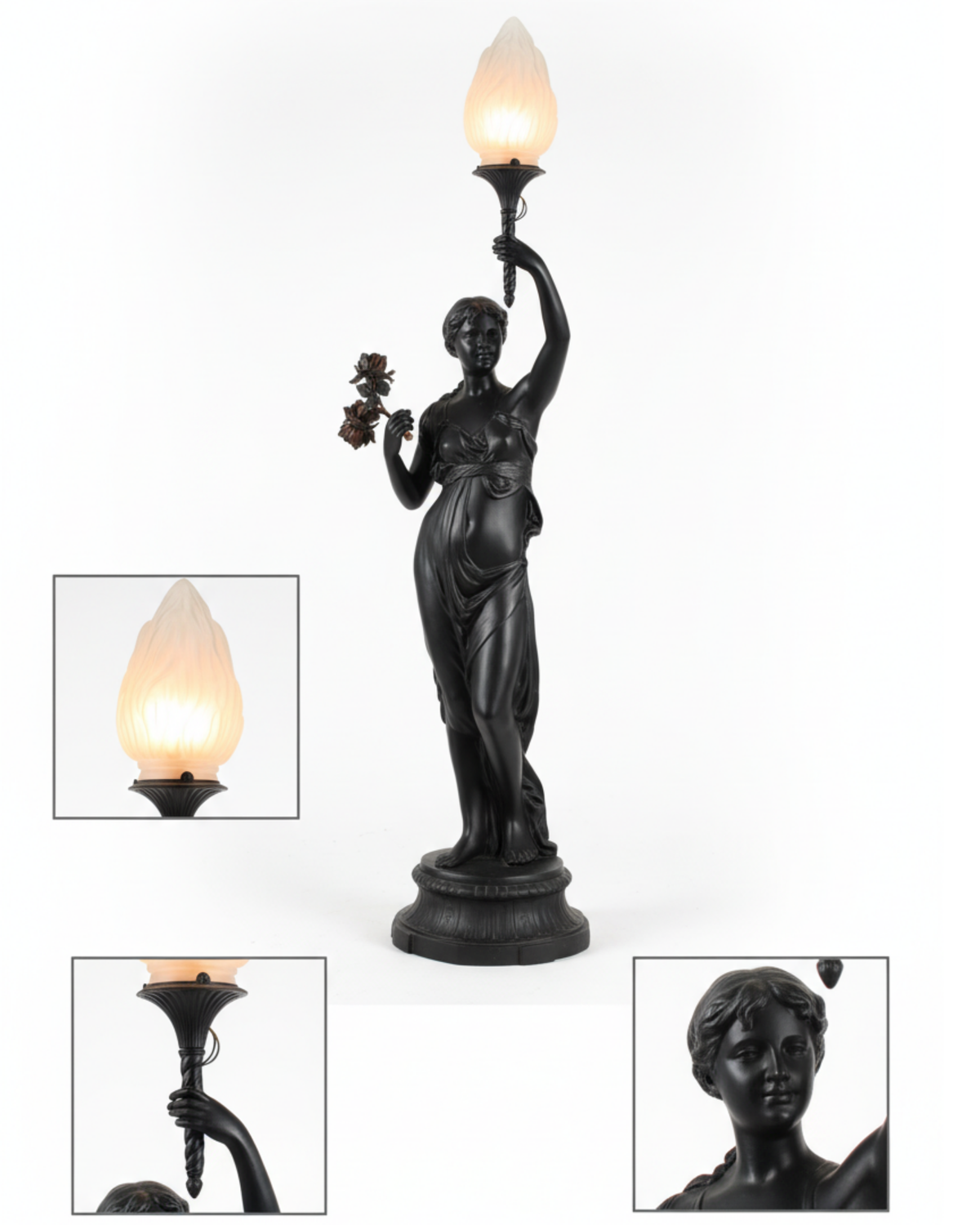 Statue of a woman holding a lamp with inset images showing close-ups of the lamp and statue.