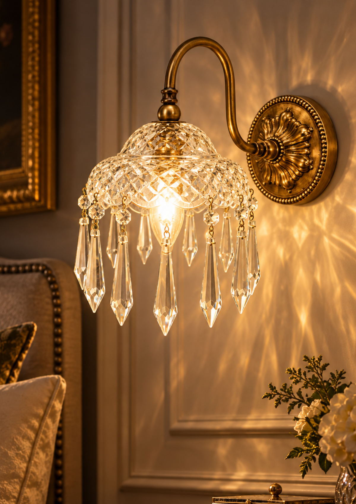 An ornate brass wall sconce with a clear crystal globe and hanging teardrop prisms, glowing warmly against a paneled wall in a styled interior setting.