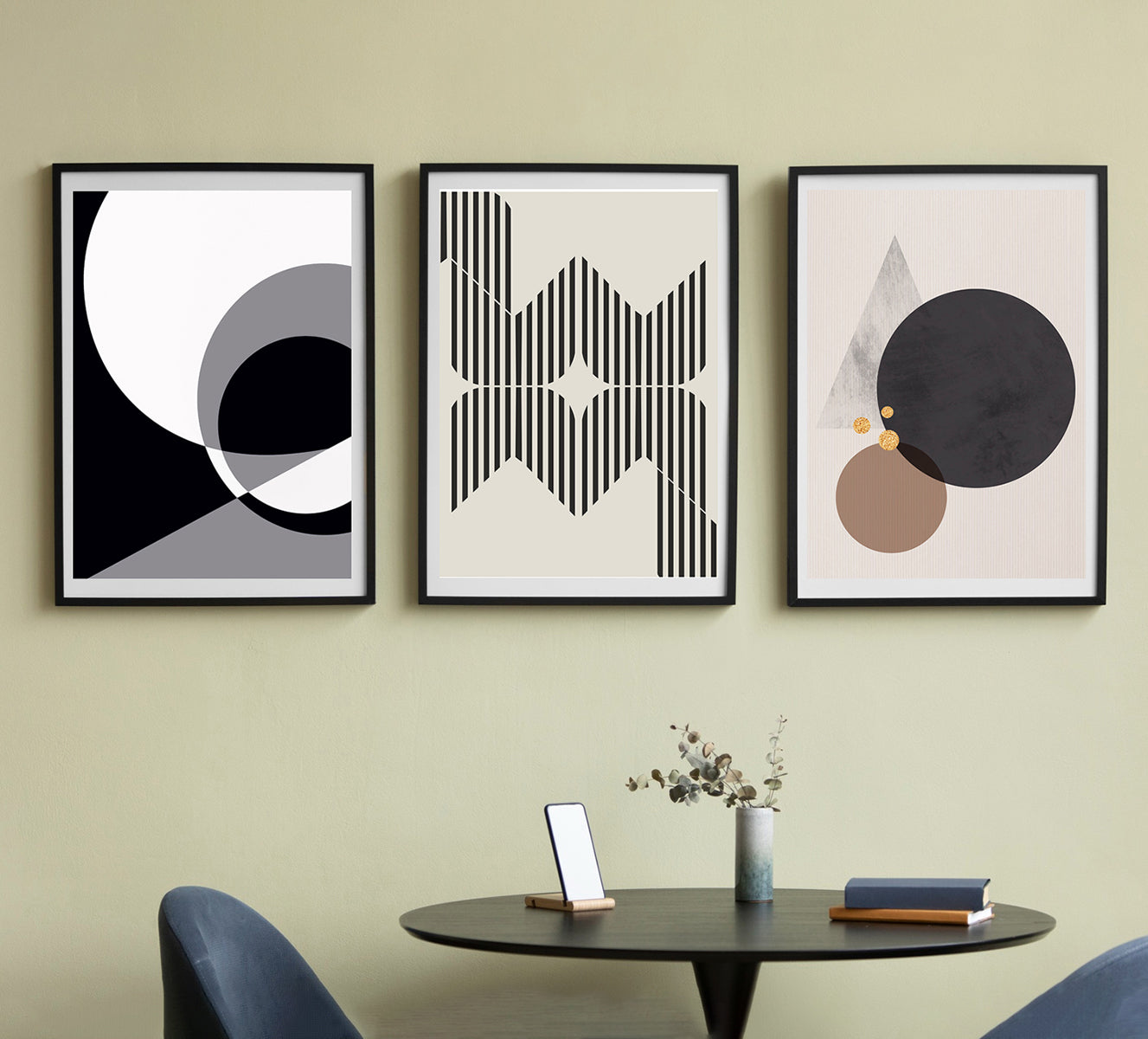 Three minimalist geometric canvas prints in black, white, and earthy tones, featuring abstract circular and linear designs; perfect for modern, Scandinavian, and minimalist home decor.