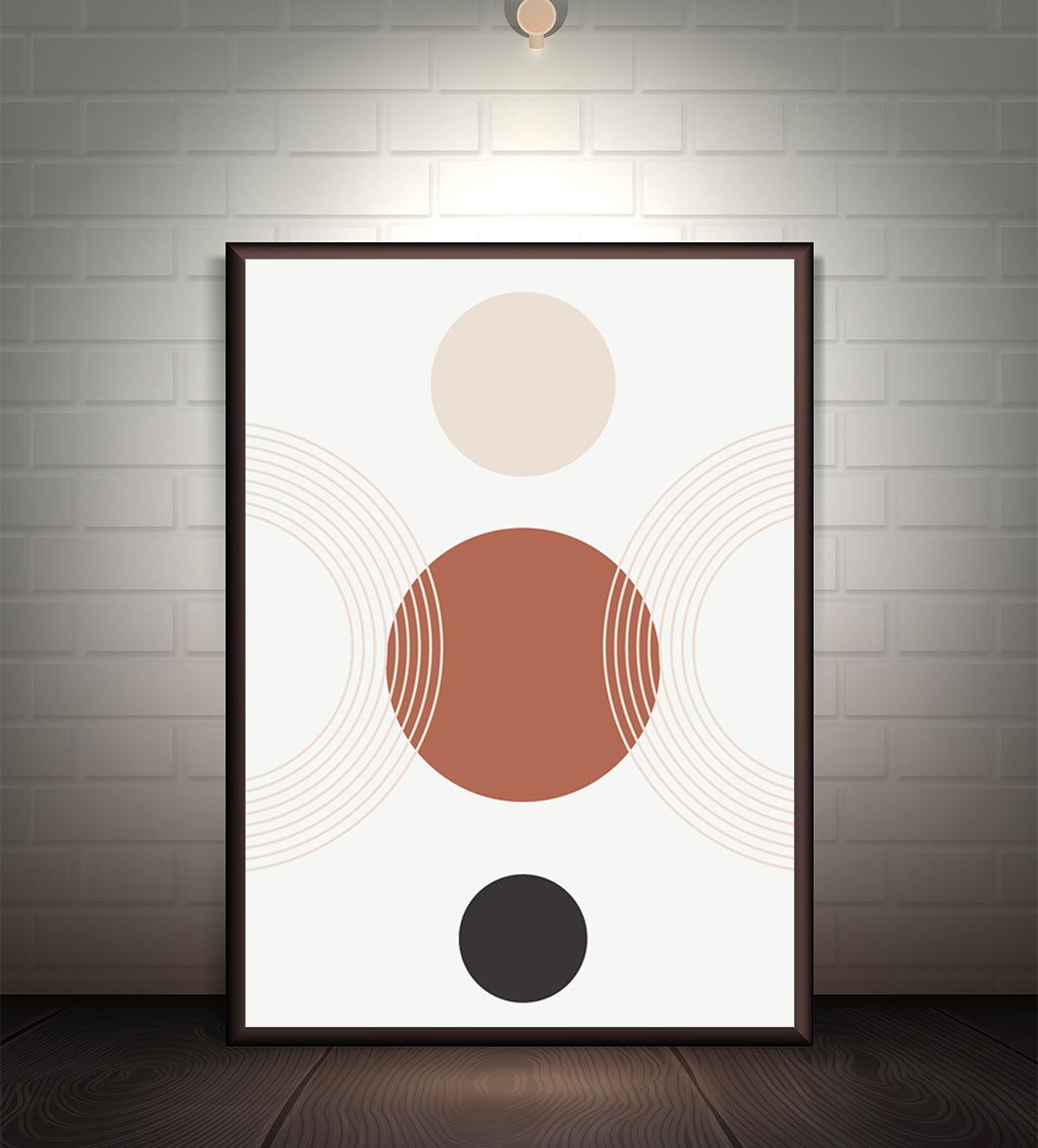 Abstract geometric painting with interlocking circles in terracotta, beige, and black on a white background, ideal for modern and minimalist interiors. Available in multiple sizes and framing options.