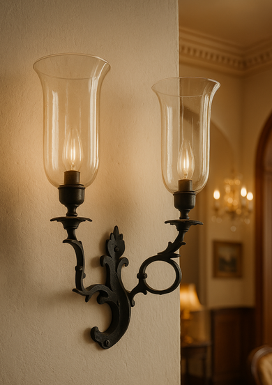 Heritage Flame dual-arm wall sconce installed on classic interior wall