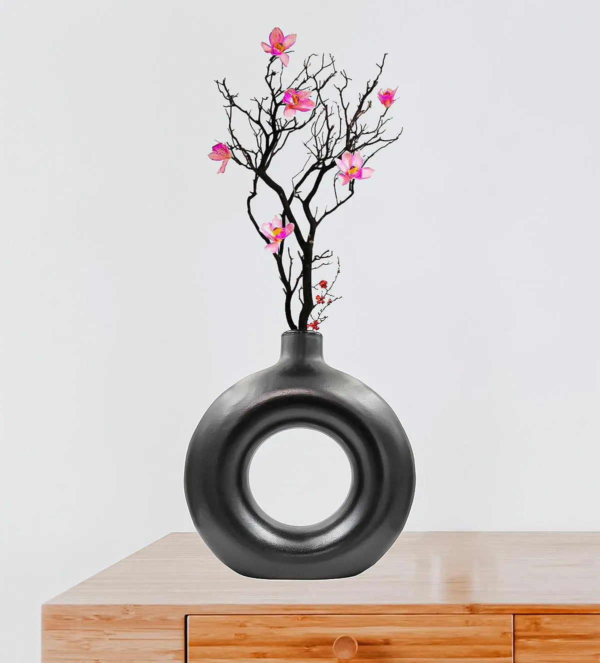 Homes Black Donut Shaped Decors Showpiece Ceramic Vase - Aartaa decor