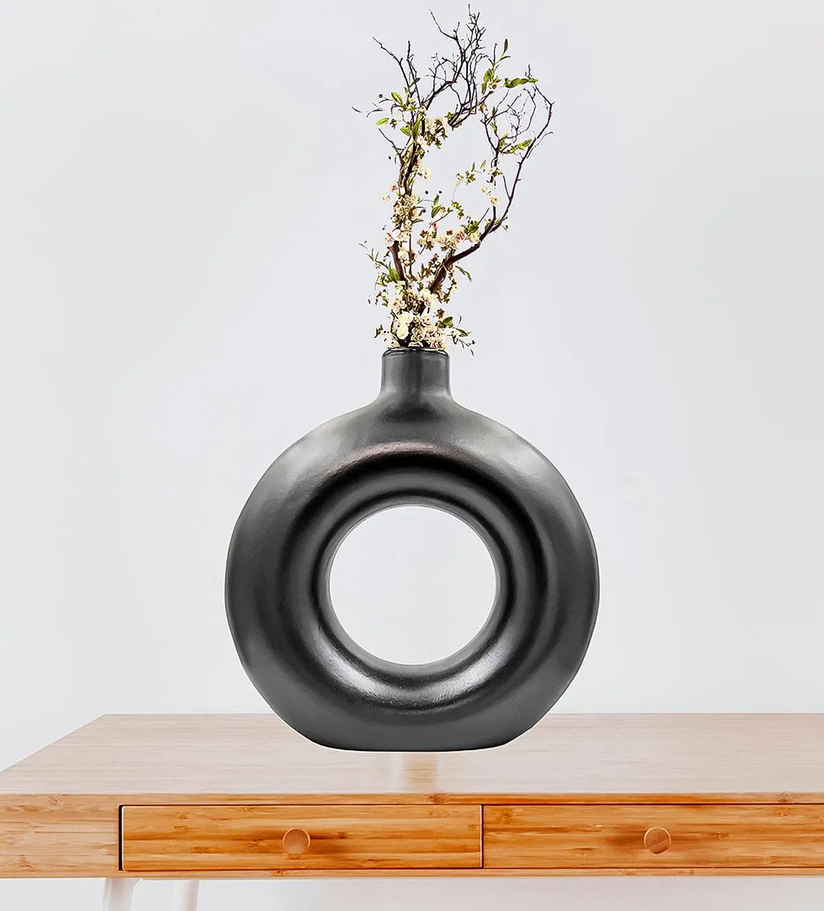 Homes Black Donut Shaped Decors Showpiece Ceramic Vase - Aartaa decor