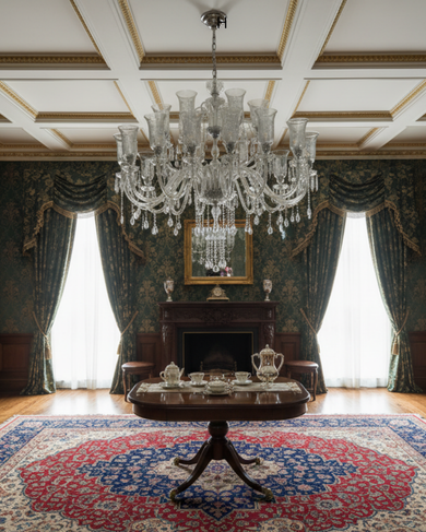 Opulent room with a grand chandelier, ornate fireplace, and patterned rug.