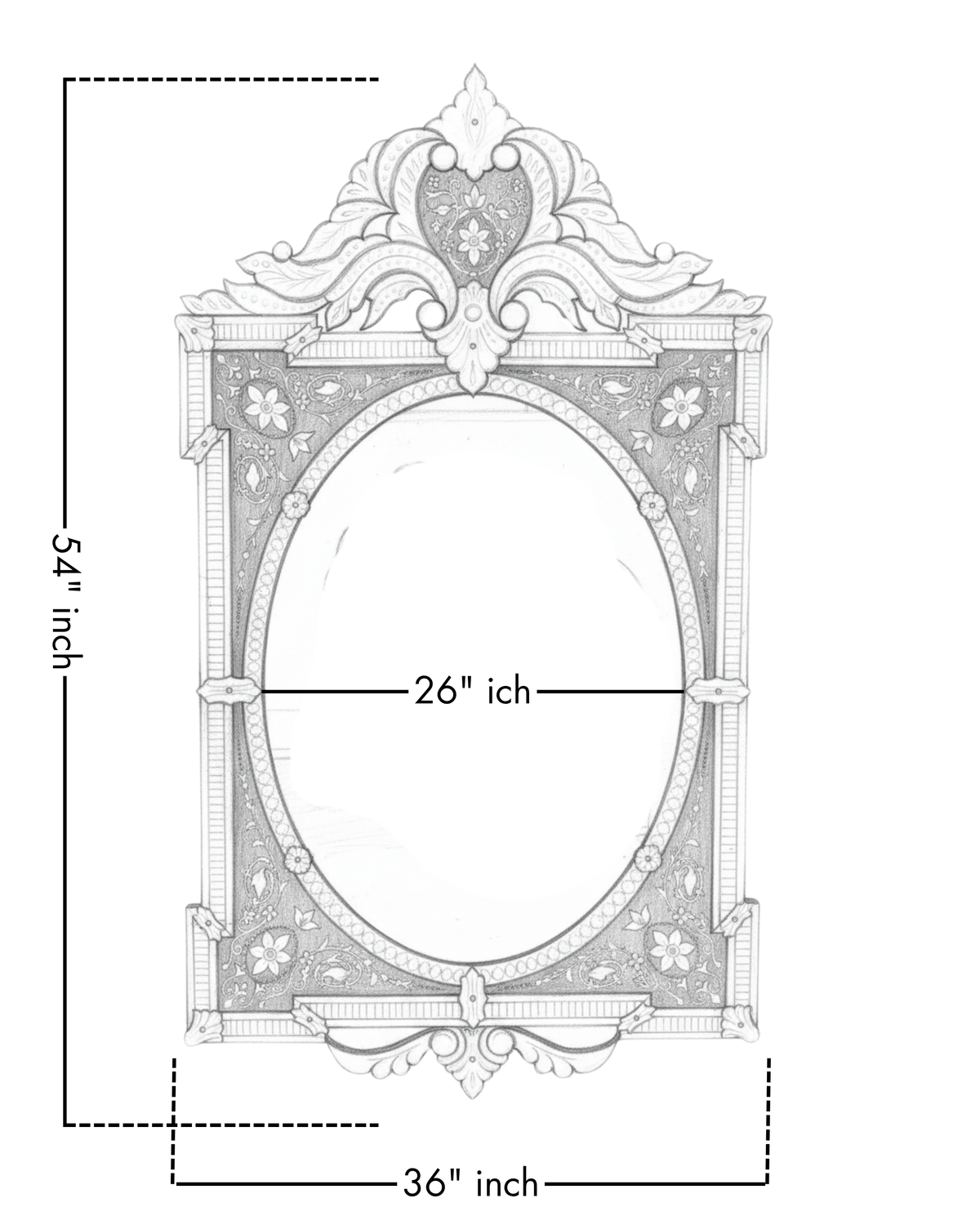 Decorative mirror with dimensions labeled on a white background