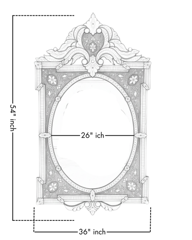 Decorative mirror with dimensions labeled on a white background