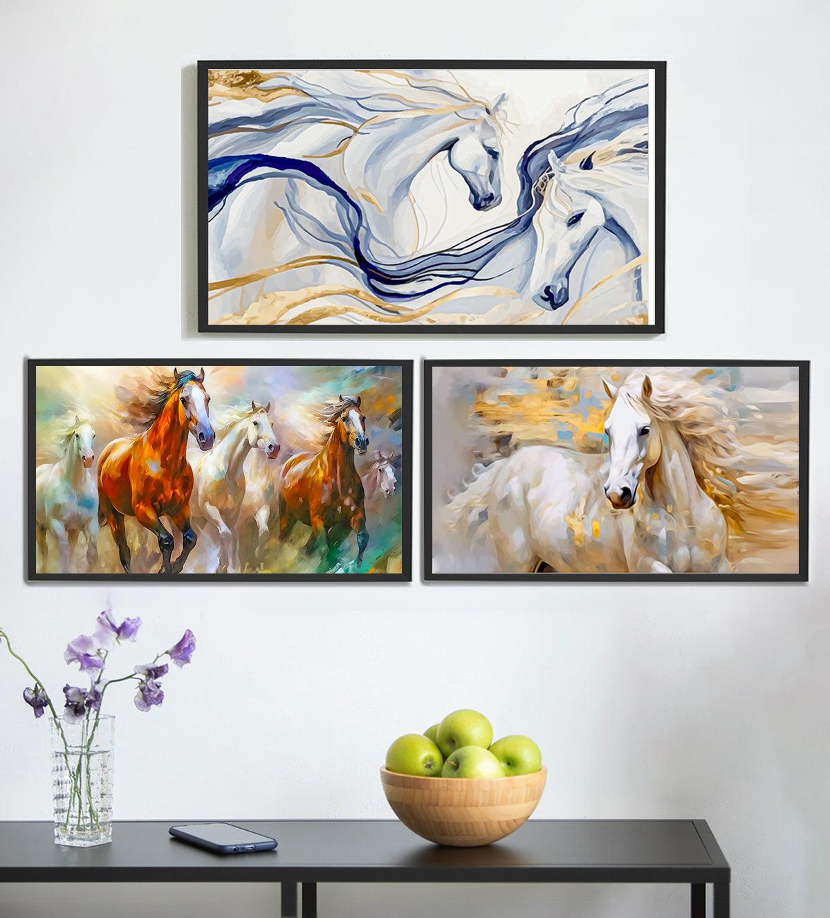 Set of three abstract horse art prints: top panel shows a flowing blue and gold horse, left panel depicts two galloping horses in warm tones, and right panel displays a serene white horse.