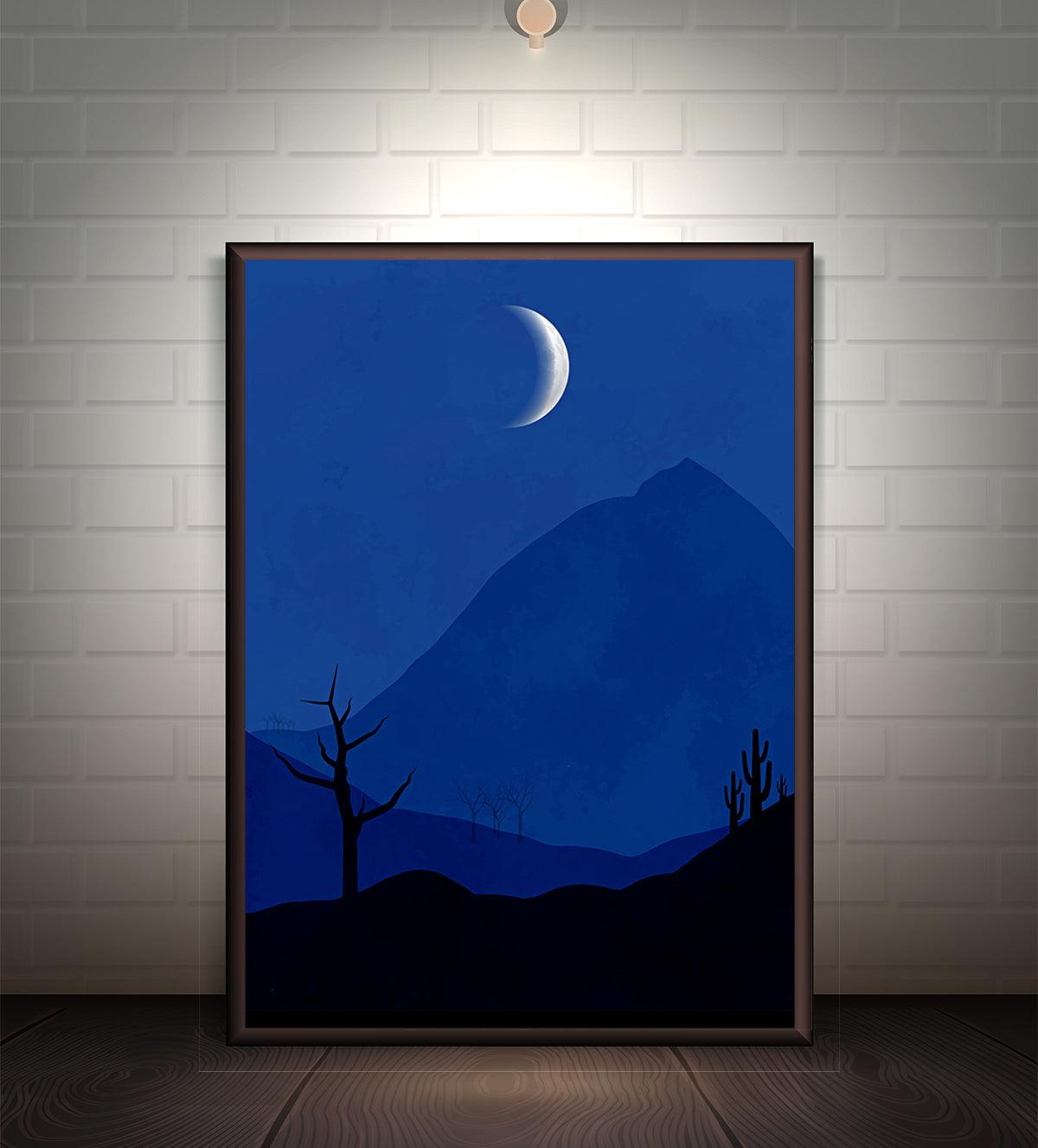 Blue moonlit landscape painting titled 'Midnight Serenity,' featuring a crescent moon over hills and trees in shades of cool blue, ideal for adding calm to any room.