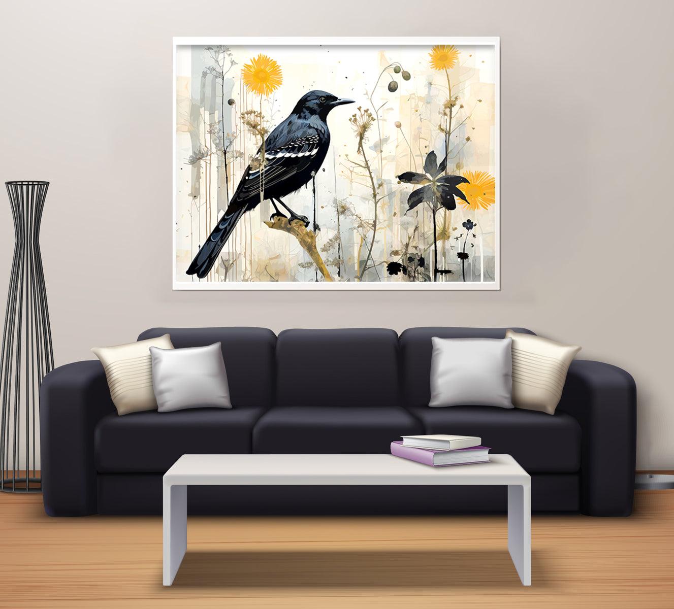 Black Bird with a Short Beak and Yellow Eyes Wall Painting - Aartaa decor