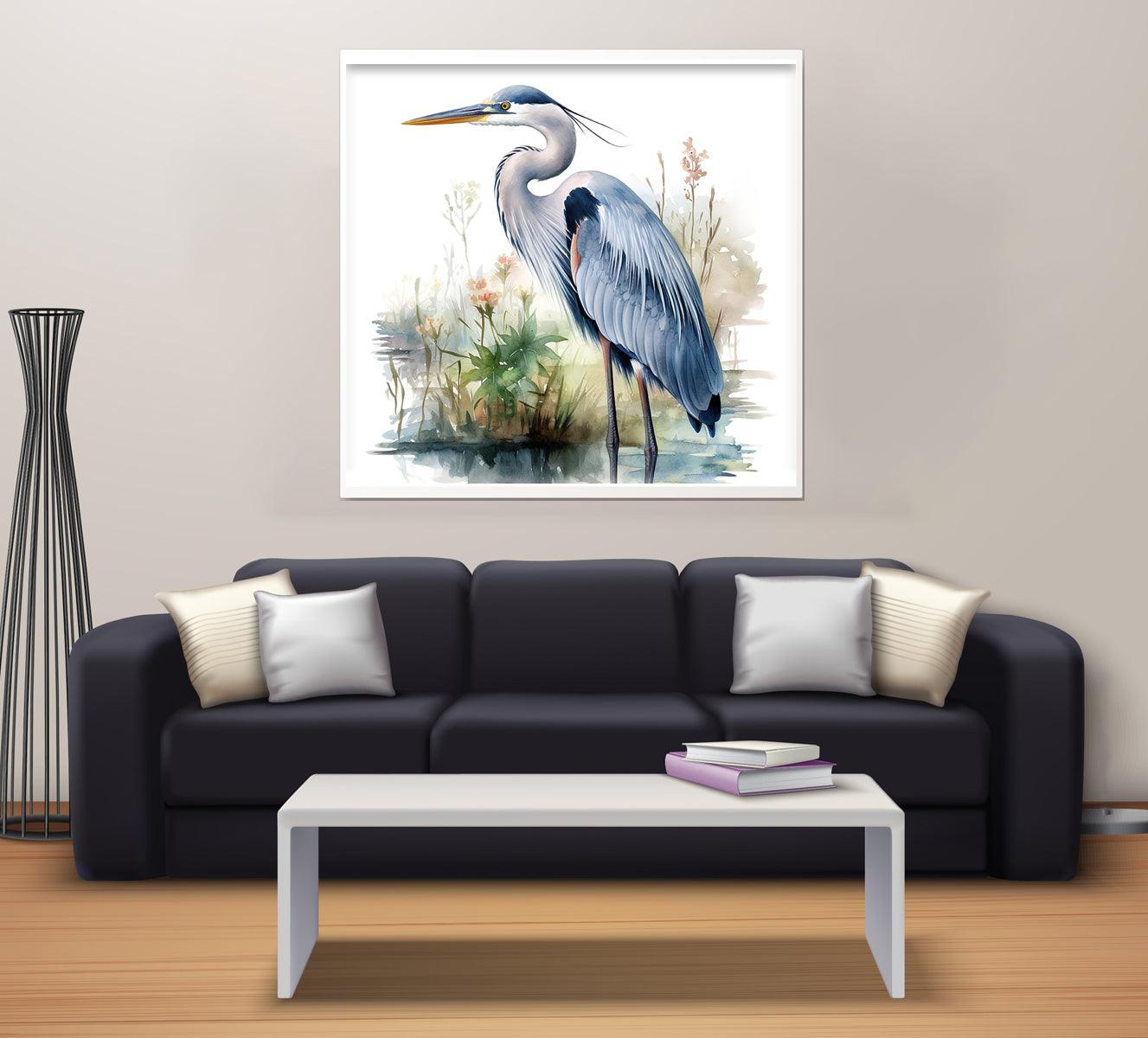 Watercolor Painting of a Heron Standing in a Swamp - Aartaa decor