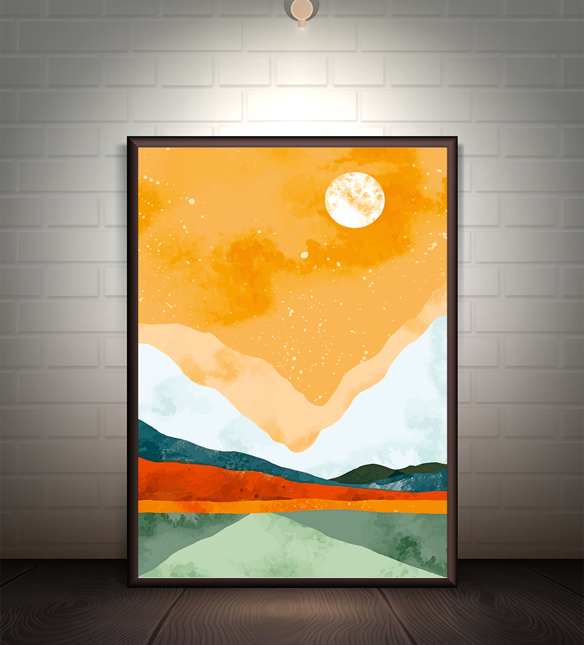 Painting of a serene mountain landscape under a full moon, featuring soft colors and detailed brushstrokes; perfect for creating a calming ambiance in home decor.