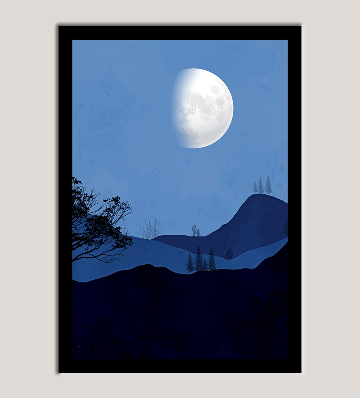 Natural Landscape Mid Moon Cool Blue Color with Hilltop View Night - Aartaa decor