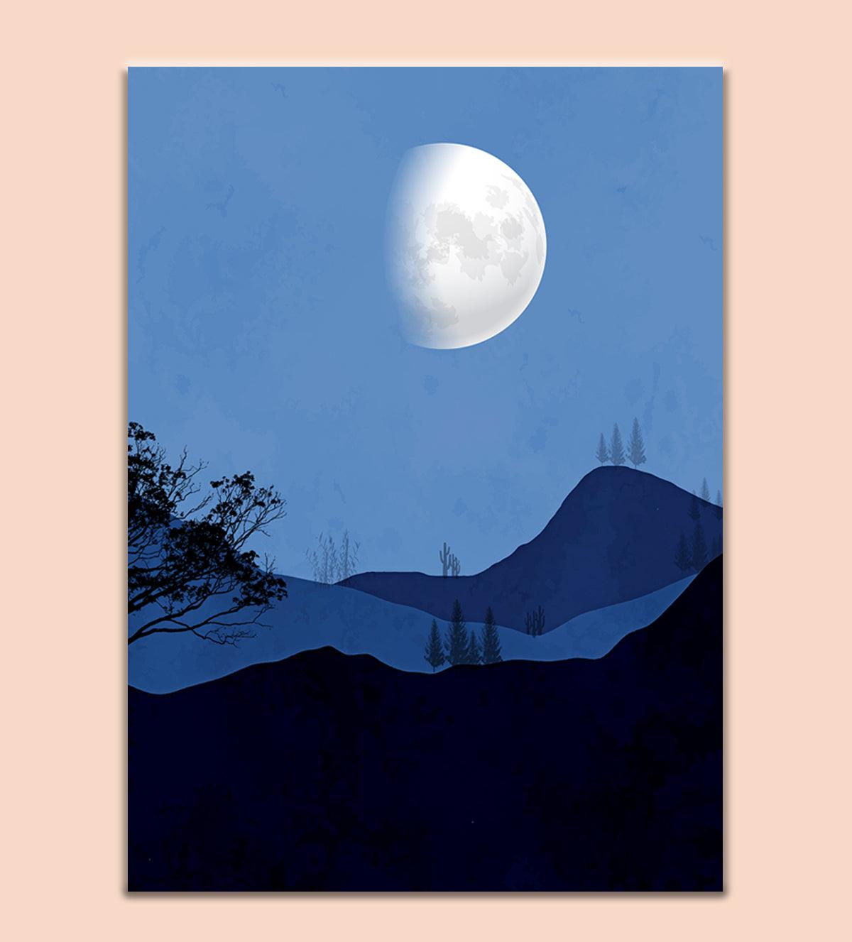 Natural Landscape Mid Moon Cool Blue Color with Hilltop View Night - Aartaa decor