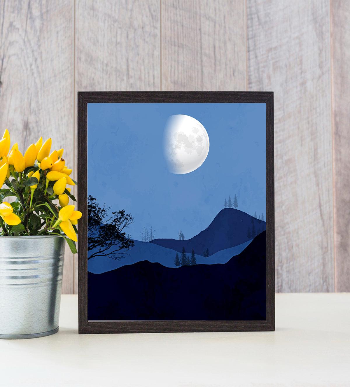 Natural Landscape Mid Moon Cool Blue Color with Hilltop View Night - Aartaa decor