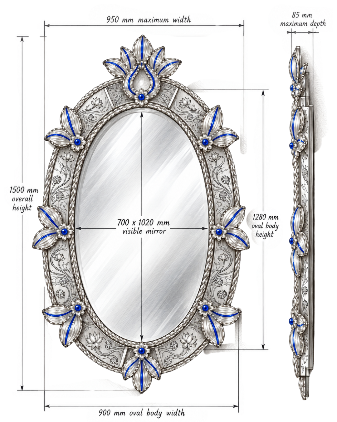 Technical dimension drawing of an ornate oval wall mirror with a silver-toned carved frame and blue gemstone accents, showing front and side views with measurements.